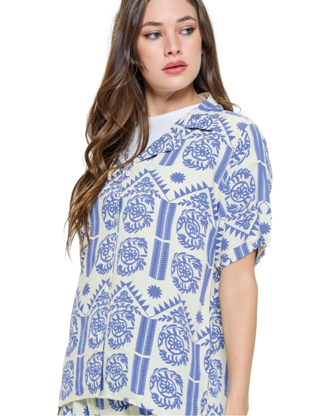 Relaxed Short-Sleeve Button-Down Tribal Shirt
